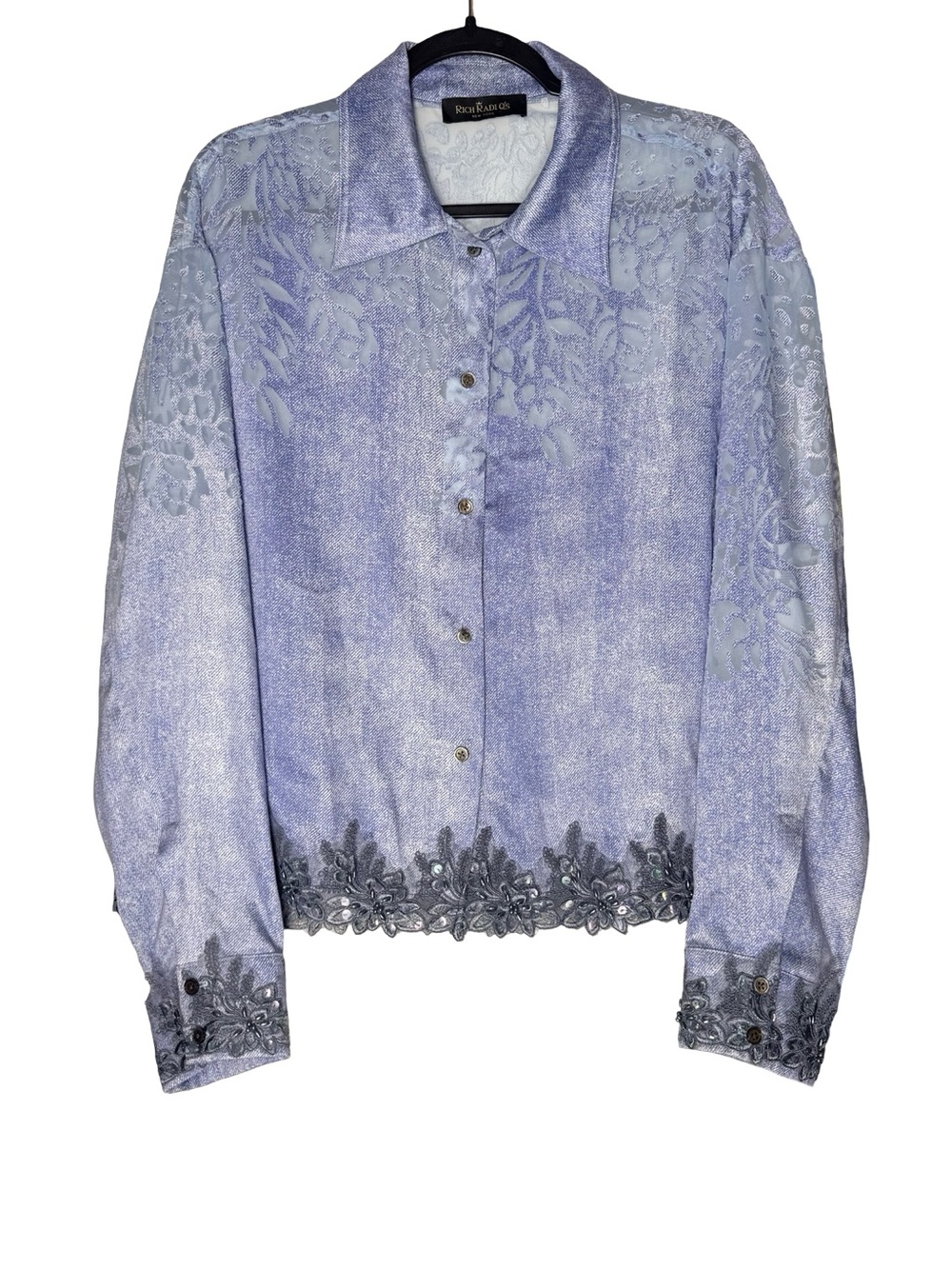 Rich Radi Q’s New York Top Medium Floral Lace Sequin Embellished Sheer Button